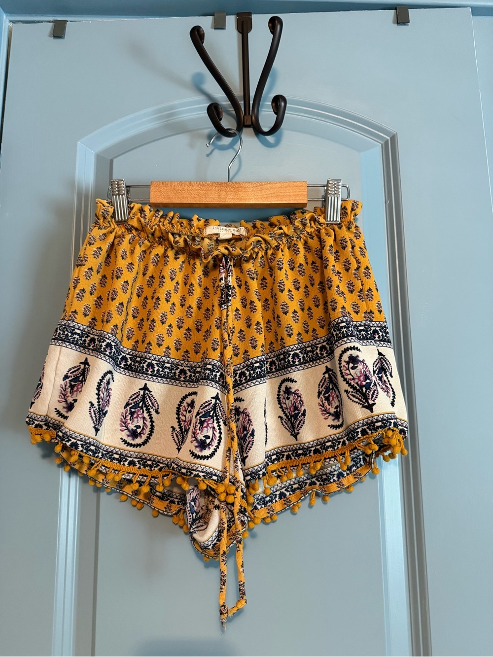 Boho Pom-Trim Yellow Printed Women's Shorts